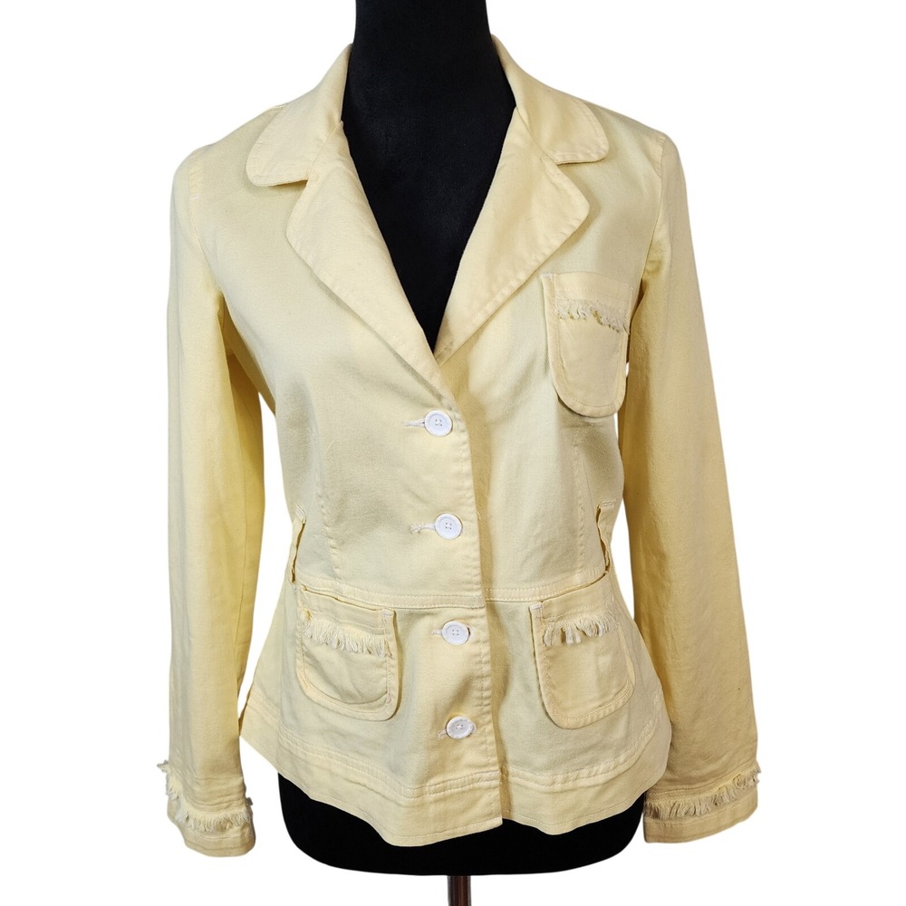 Vtg FASHION BUG Size Small y2k Yellow Cotton Fringe Trim Casual Blazer Jacket
